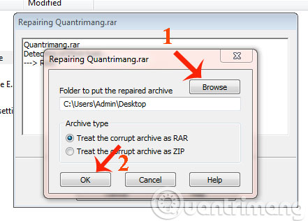 Khắc phục file nén bị lỗi bằng WinRar như thế nào? Cửa sổ Repairing Download.com.vn.rar hiện lên, thiết lập đầu ra cho file nén sau khi phục hồi, nhấn Browse để chọn đường dẫn thư mục lưu trữ, sau đó nhấn OK