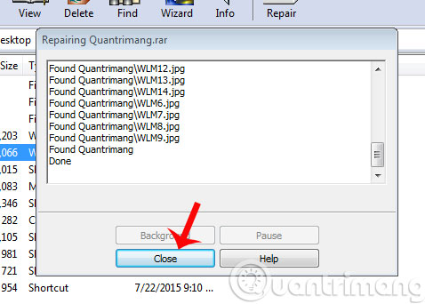 Khắc phục file nén bị lỗi bằng WinRar như thế nào? Giờ bạn chỉ cần đợi WinRAR tự động sữa lỗi, sau khi sửa xong nhấn Close để hoàn tất quá trình.