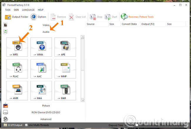 Nhấn vào mục Audio, chọn định dạng file nhạc đầu ra bao gồm: MP3, WMA, MMF, FLAC, M4A...