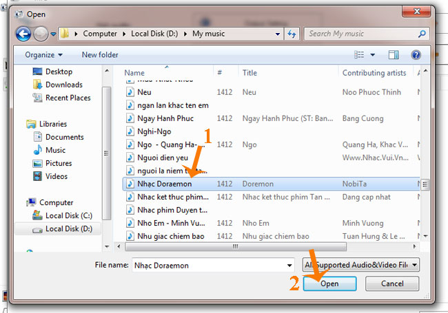 Cửa sổ Open xuất hiện, bạn hãy tìm đến thư mục chứa file nhạc, sau đó nhấn Open.