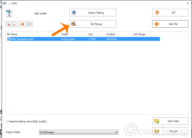 Nhấn chuột vào file audio vừa thêm, rồi click vào Set Range.