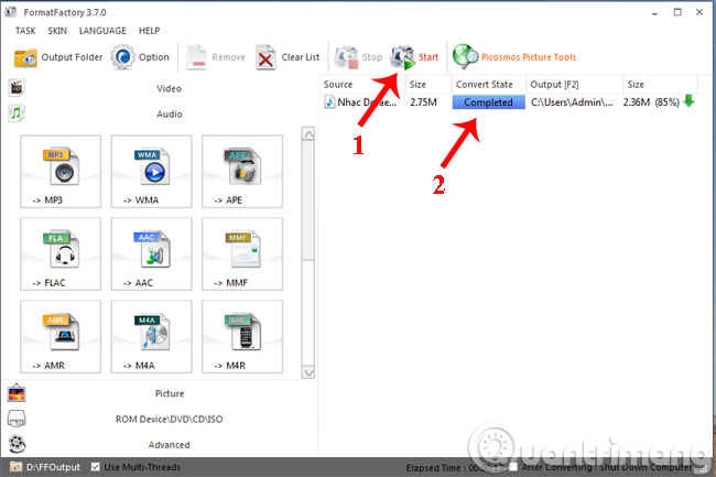 Trên giao diện chính nhấn vào Start để bắt đầu. Khi nào thấy trường Convert State xuất hiện dòng Completed thì quá trình tạo nhạc chuông đã hoàn tất.