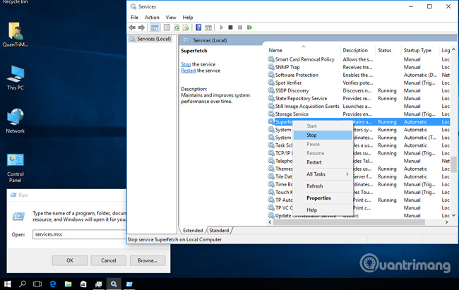 gõ services.msc mở Services