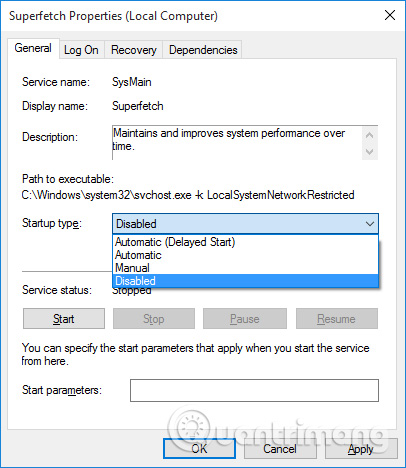 chọn Disable thay vì Automatic Tắt dịch vụ Superfetch