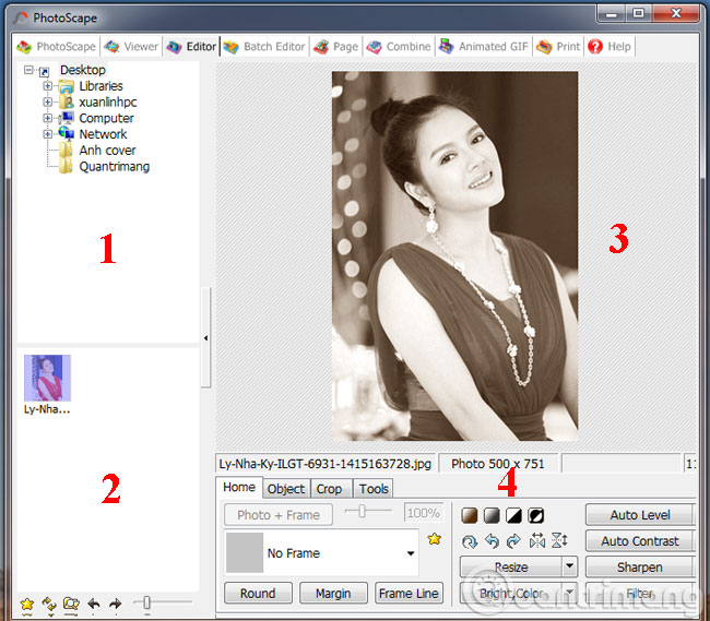 Làm ảnh đen trắng nghệ thuật với PhotoScape Trỏ đến thư mục chứa ảnh màu muốn chuyển thành ảnh trắng đen. Sau khi tìm được bức ảnh cần chỉnh sửa thì nhấn vào ảnh để chuyển sang khung bên tay phải. Tiếp theo chọn vào 1 trong 5 chức năng chuyển ảnh đen trắng từ ảnh màu