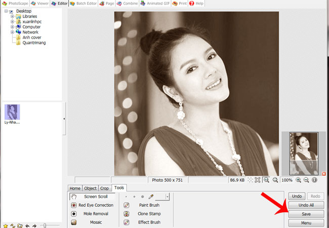 Làm ảnh đen trắng nghệ thuật với PhotoScape Sau khi chỉnh sửa xong thì nhấn vào nút Save để lưu ảnh đen trắng vừa tạo về máy tính.