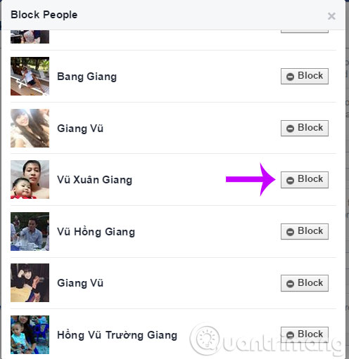 Cửa sổ Block People xuất hiện, sẽ liệt kê tên tài khoản mà bạn vừa gõ vào ở bước trước, hãy chọn chính xác tên muốn chặn và nhấn vào nút Block ở ngay bên cạnh tên tài khoản đó.