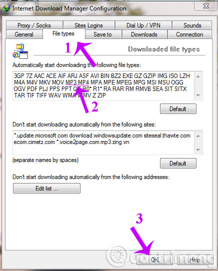Tắt tính năng tự động tải nhạc của IDM Cũng trong giao diện của "Internet Download Manager Configuration / File types", các bạn vào trong mục "Automatically start downloading the following the types" và xóa các đuôi định dạng âm thanh, như: MP3, MP4... Sau đó OK để hoàn tất
