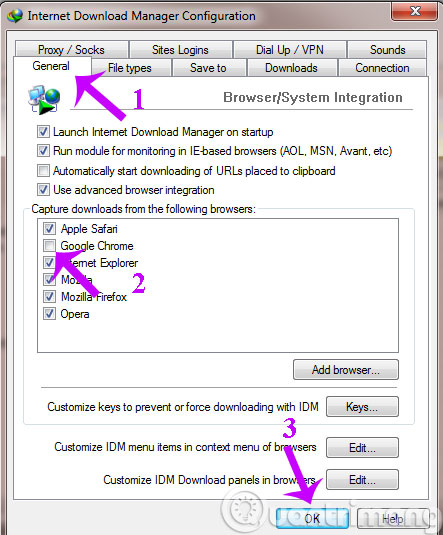 Tắt tính năng tự động tải nhạc của IDM Trong mục "Capture downloads from the following browsers", các bạn sẽ thấy tên của các trình duyệt như: Apple Safari, Google Chrome, Internet Explorer, Opera, Mozilla Firefox... hãy bỏ tick ở những ô có tên trình duyệt mà các bạn hay, đang sử dụng để IDM không thể tự download trên những trang đó nữa. Bỏ tick xong, OK để hoàn tất.