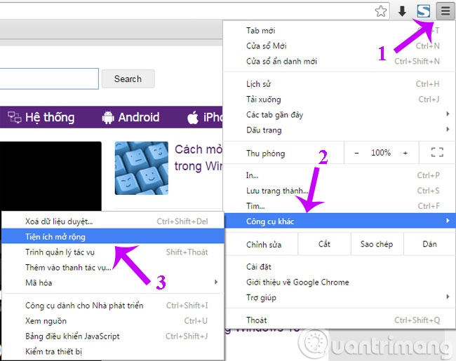 Tắt tính năng tự động tải nhạc của IDM Từ giao diện chính của Chrome, các bạn nhấp vào biểu tượng "tùy chọn" (3 dấu gạch ngang), sau đó vào "More tools - Công cụ khác", và nhấp chọn "Extensions - Tiện ích".