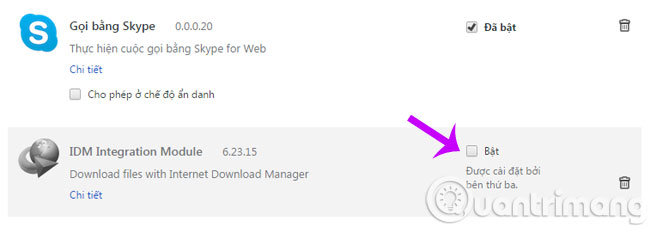 Tắt tính năng tự động tải nhạc của IDM Giao diện "Extensions" xuất hiện, chọn vào mục "Extensions". Tại đây các bạn sẽ thấy các ứng dụng, tiện ích đang được cài đặt cho trình duyệt Chrome của mình. Hãy tìm tới "Internet Download Manager" và bỏ dấu tick trong ô "Enable" để vô hiệu hóa ứng dụng này trên trình duyệt.