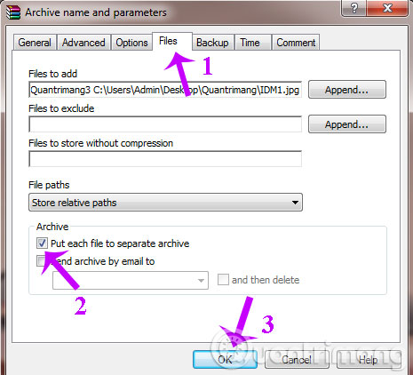 Cửa sổ Archive name and parameters xuất hiện, chuyển sang thẻ Files. Tích chọn Put each file to separate archive