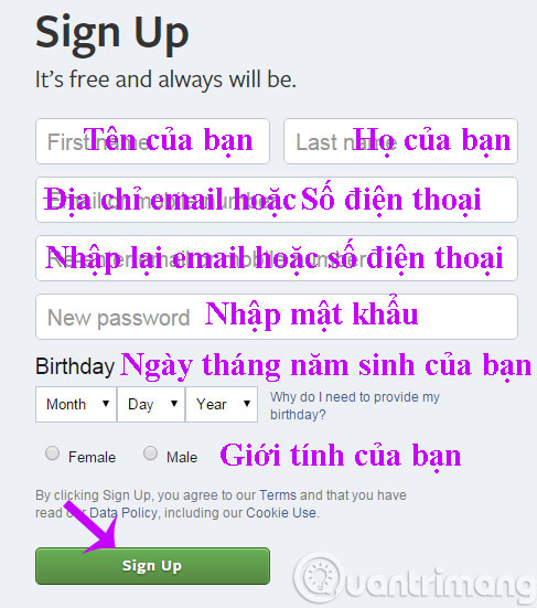 Điền thông tin cá nhân đăng ký tài khoản Facebook