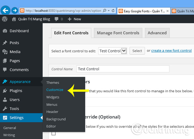 chỉnh sửa trong phần Customize