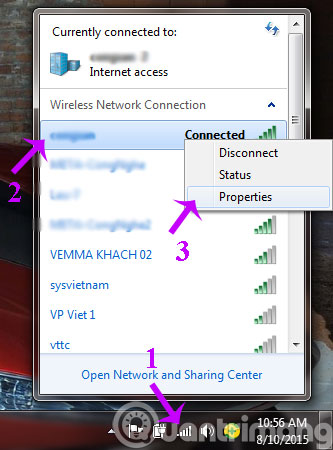 Trên thanh Taskbar nhấn chuột vào biểu tượng cột sóng, sau đó kích chuột phải vào tên mạng Wifi muốn xem mật khẩu chọn Properties