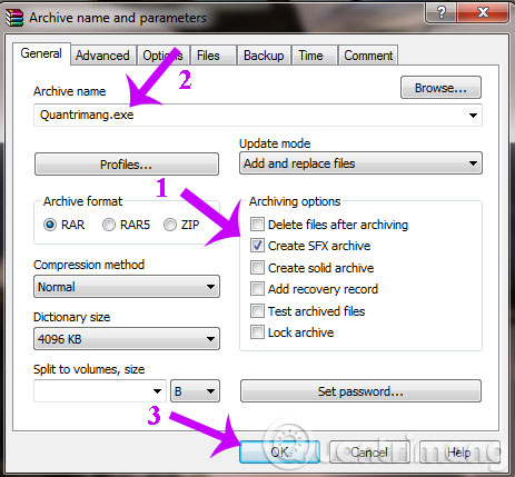 Tick chọn ô Create SFX archive Tick chọn ô Create SFX archive