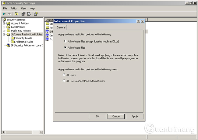 Về lại nhánh Software Restriction Policy, bấm vào Enforcement, chuyển về All Software Files và OK. "Tuyệt chiêu" diệt virus Autorun bằng tay