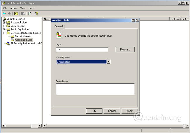 Xóa toàn bộ các đường dẫn trong mục này, phải chuột vào và chọn New Path Rule.  Chọn các ổ cứng trong máy tính