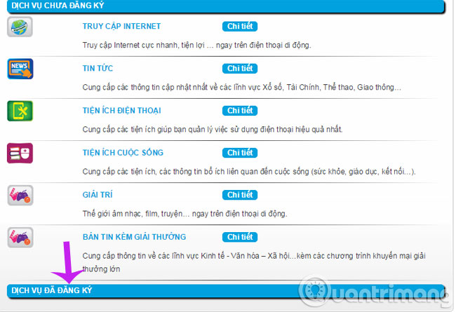 Click Dịch vụ đã đăng ký