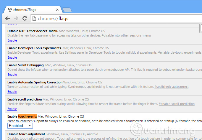 Chỉnh Enable touch events Tìm Enable touch events