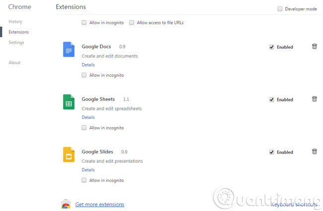 Cửa sổ Extensions Cửa sổ Extensions