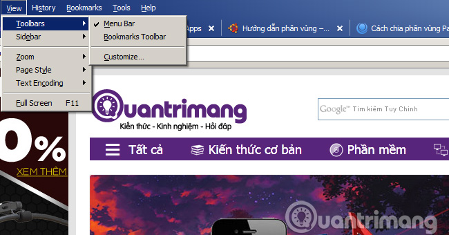 Bấm Toolbars > Menu Bar Thủ thuật trên Firefox