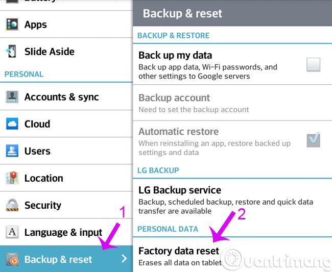 Chọn Factory Data Reset