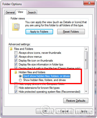 Chọn Don't show hidden files