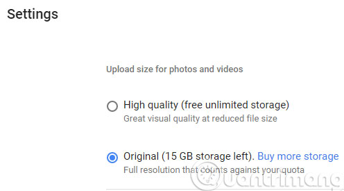 Mục Settings trong Google Photos