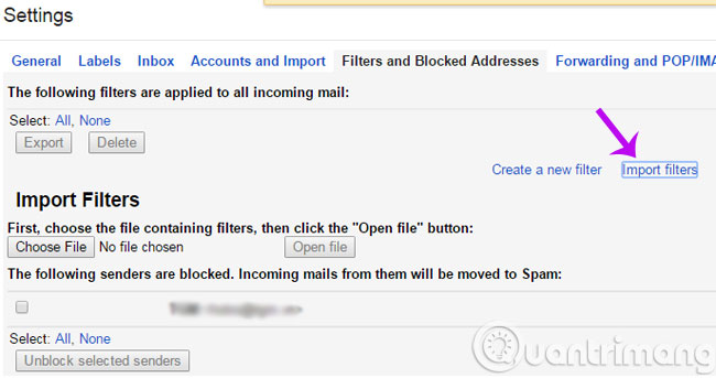 Nhấn Import filters Nhấn Import filters