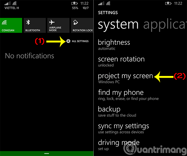 Chỉnh phẩn kết nối hiển thị trong All Settings