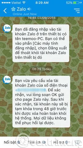 Tin nhắn thông báo của  Zalo