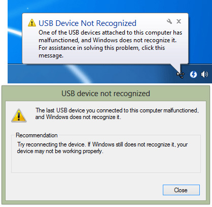 Thông báo lỗi USB Device Not Recognized