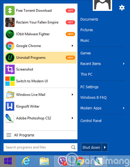 Mở thanh menu Start