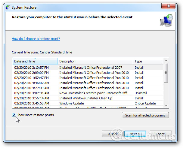 Hộp thoại System Restore Hộp thoại System Restore