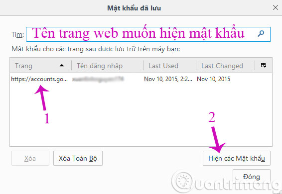 Hiện các mật khẩu trên Firefox Hiện các mật khẩu trên Firefox