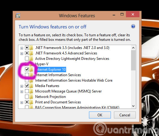 Bỏ check Internet Explorer 10