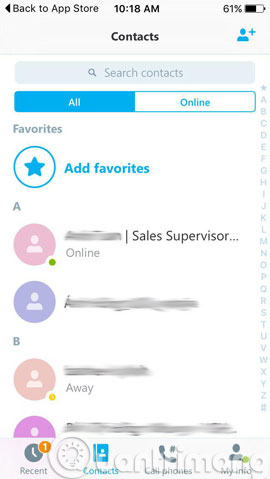 Mục danh bạ Skype trên iPhone Mục danh bạ Skype trên iPhone