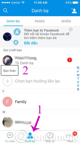 Chọn mục Bạn thân
