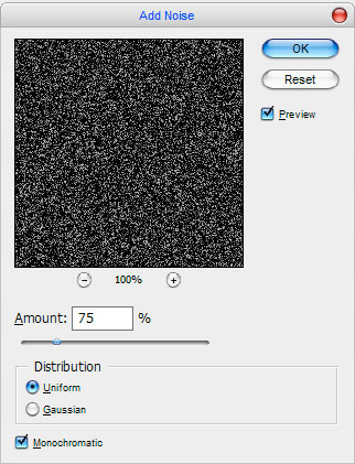Sau đó chọn Filter > Noise > Add  Noise và điều chỉnh giá trị như hình dưới đây: