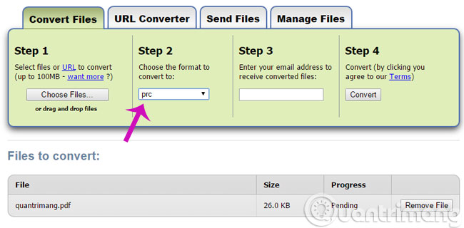 Chọn định dạng cần chuyển đổi là PRC Chọn định dạng cần chuyển đổi là PRC