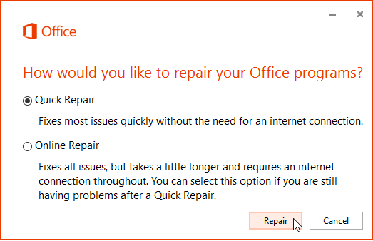 repair online hoặc quick repair