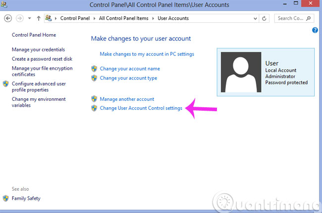 Nhấn Change User Account Control settings
