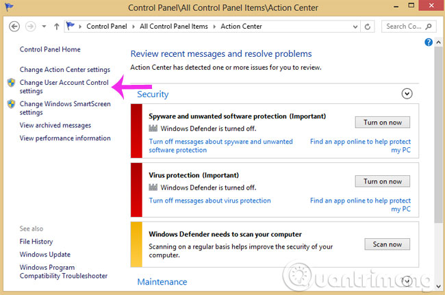 Nhấn Change User Account Control settings