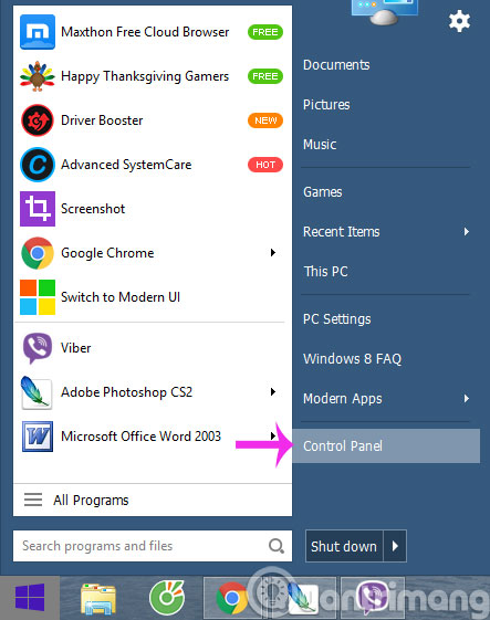 Mở Control Panel lên