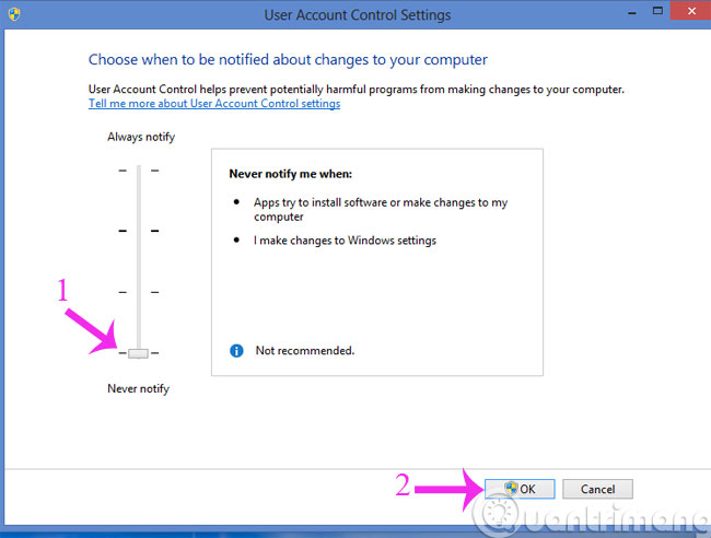 Kéo thanh trượt Notify về Never