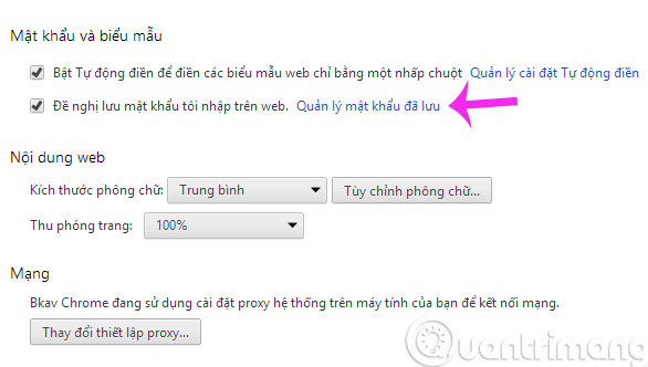 Click Quản lý mật khẩu đã lưu