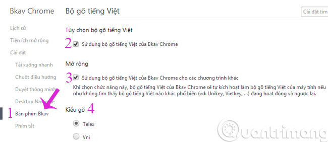 Đánh dấu vào các tùy chọn trong menu Bàn phím Bkav