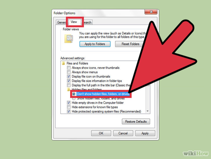 chọn Do not show hidden files and folders