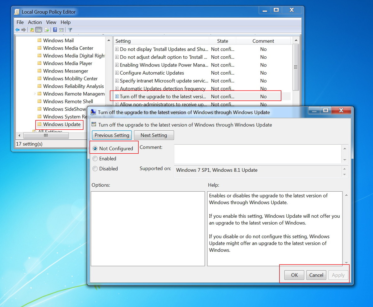 chọn Not Configured chọn Not Configured